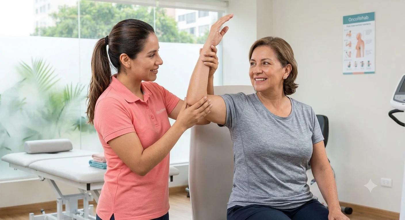 Fisioterapeuta de Oncorehab con polo rosa salmón guiando suavemente los ejercicios de elevación de brazo de una paciente recuperada de cirugía de mama en la clínica