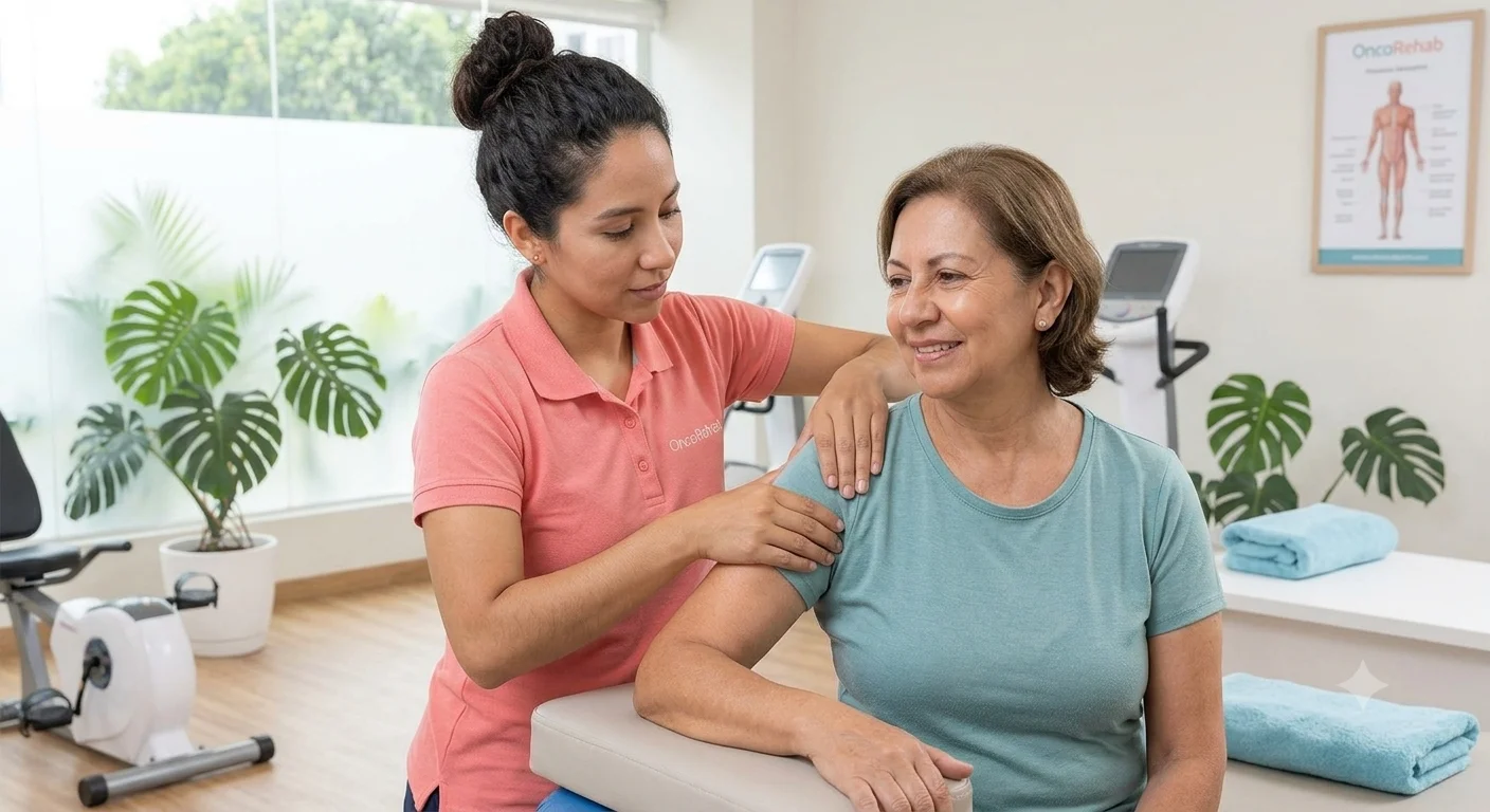 Fisioterapeuta con polo rosa salmón de Oncorehab realizando una sesión de terapia manual oncológica en el cuello y hombro de una paciente dentro de la clínica especializada.