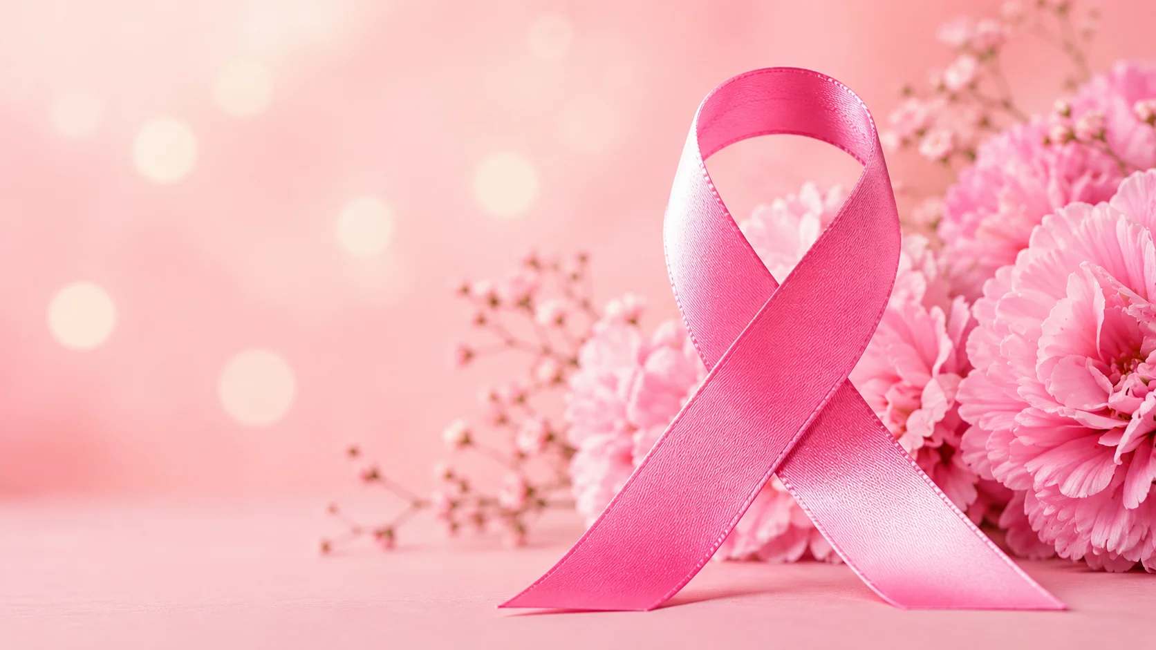 Lazo rosa rodeado de flores como símbolo de la concienciación, prevención y lucha contra el cáncer de mama.