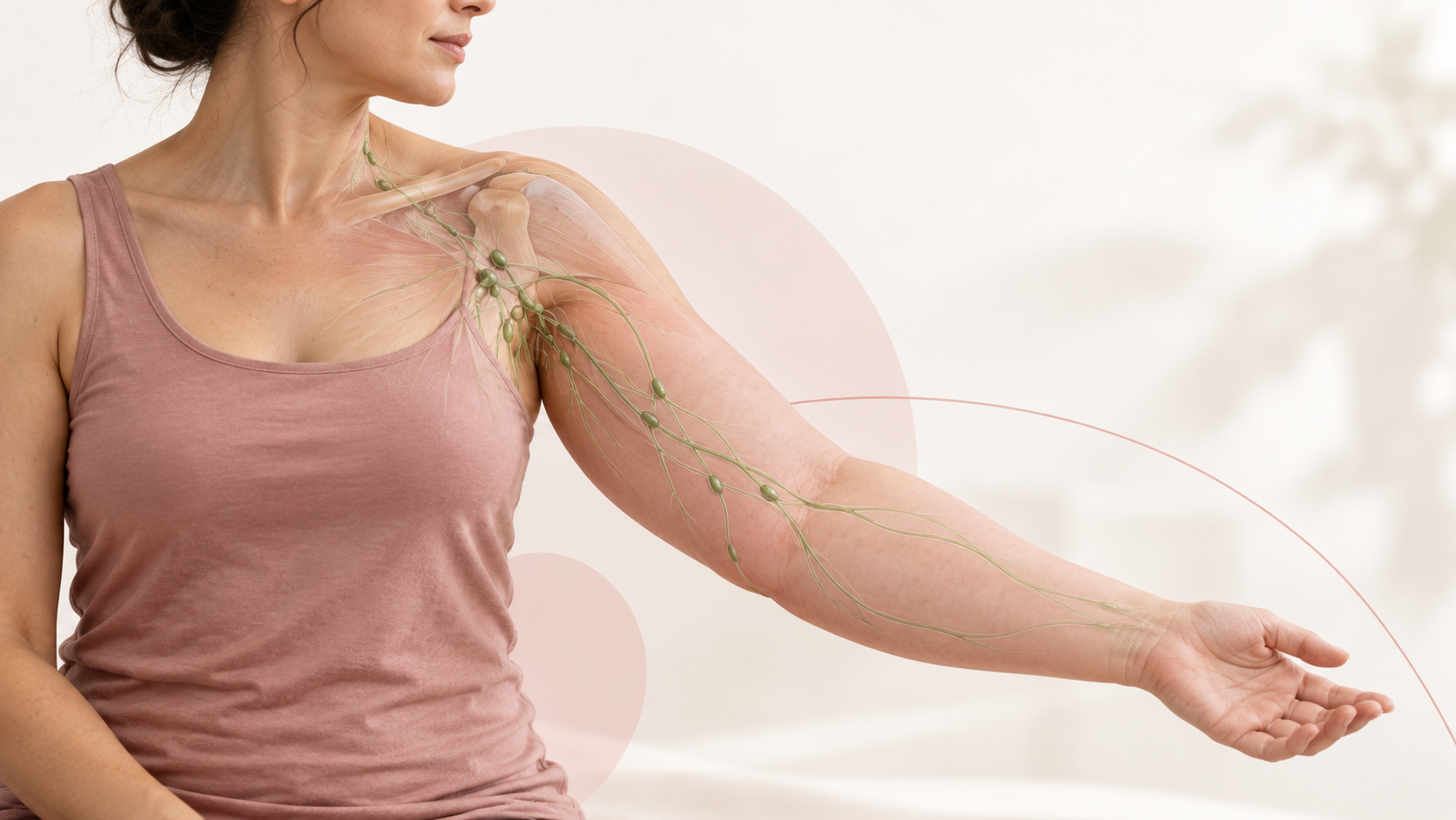 Ilustración de un brazo con vasos y ganglios linfáticos para explicar el linfedema.
