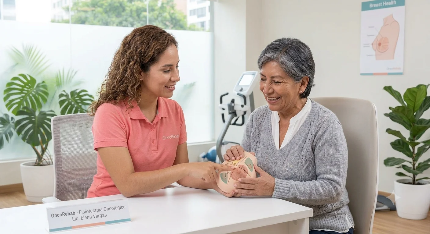 Fisioterapeuta de OncoRehab con polo rosa salmón explicando los pasos de la autoexploración mamaria a una paciente adulta mayor usando una maqueta médica en una sesión de consejería preventiva.